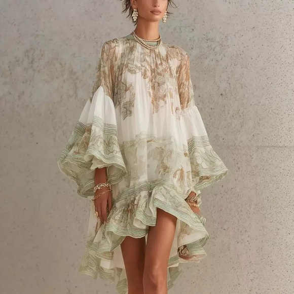Zimmermann Dresses & Skirts - Zimmermann Elegant Green & Cream Ruffled Short Dress